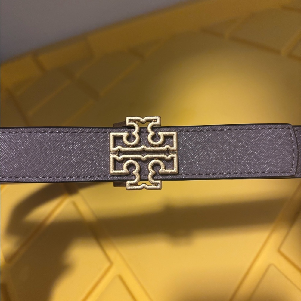 Tory Burch Gold and Gray Belt with Iconic Logo